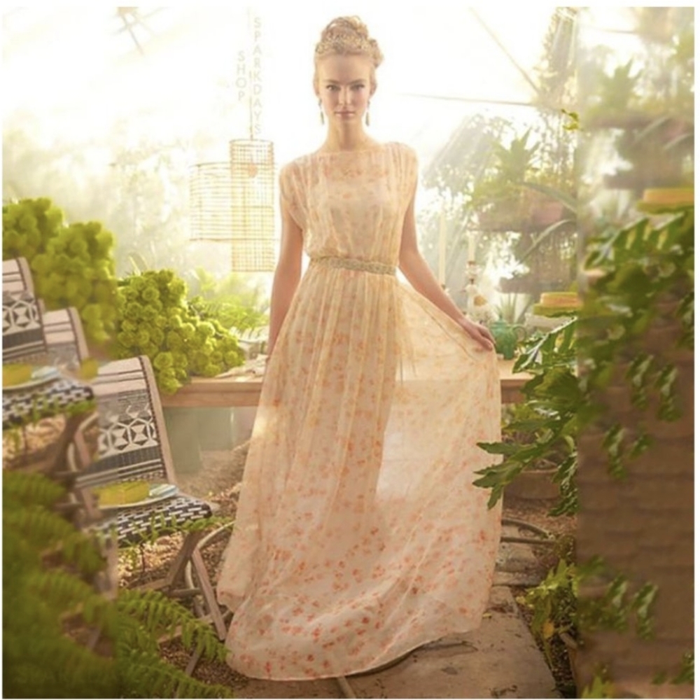 ANTHROPOLOGIE PAPER CROWN Peach Blossom Floral Maxi Dress *No Slip*
